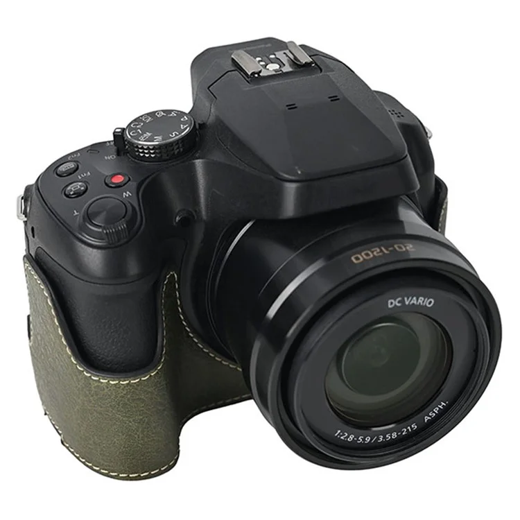 Чехол для камеры Panasonic Lumix FZ80D с плечевым ремнем, большим вырезом, фактурой под кожу лайчи и защитной крышкой - зеленый