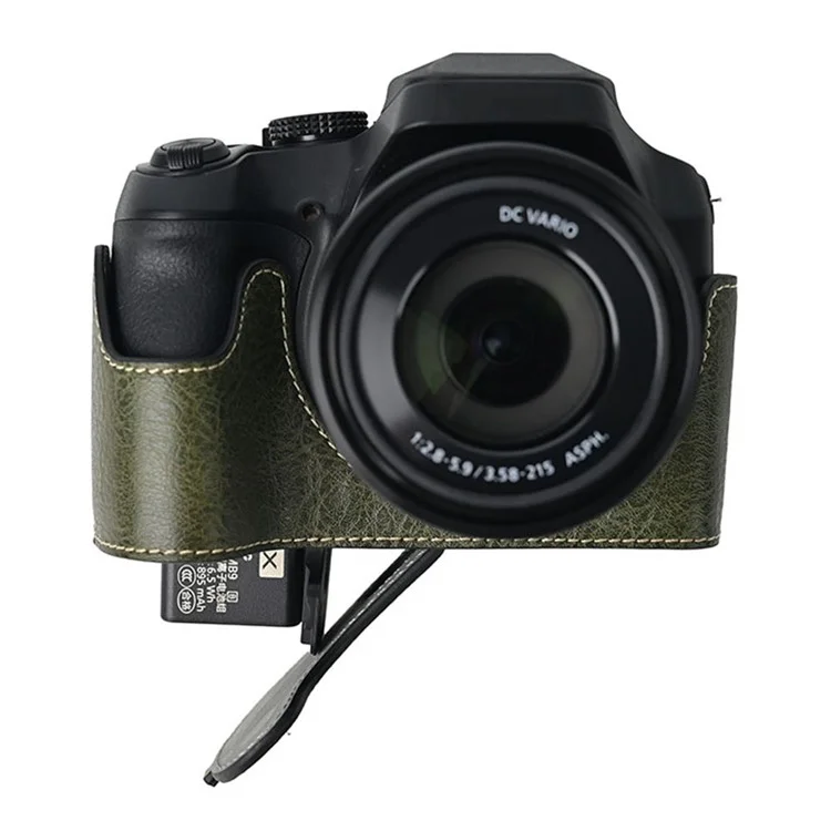 Чехол для камеры Panasonic Lumix FZ80D с плечевым ремнем, большим вырезом, фактурой под кожу лайчи и защитной крышкой - зеленый