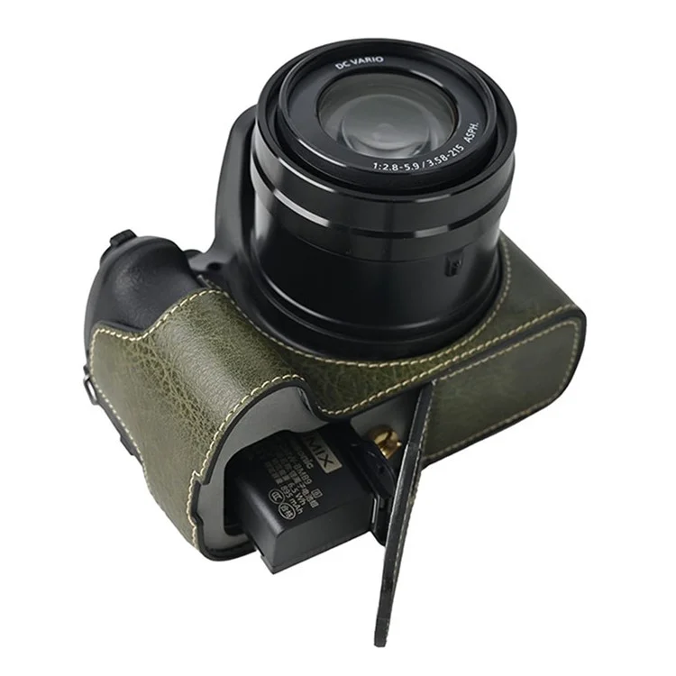 Чехол для камеры Panasonic Lumix FZ80D с плечевым ремнем, большим вырезом, фактурой под кожу лайчи и защитной крышкой - зеленый