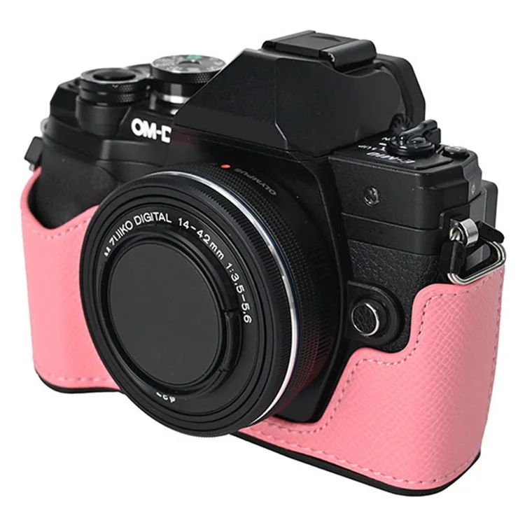 Für Olympus OM-D E-M10 Mark IV Kamera Hülle Halb umhüllter Lederboden mit Objektivdeckel - Pink
