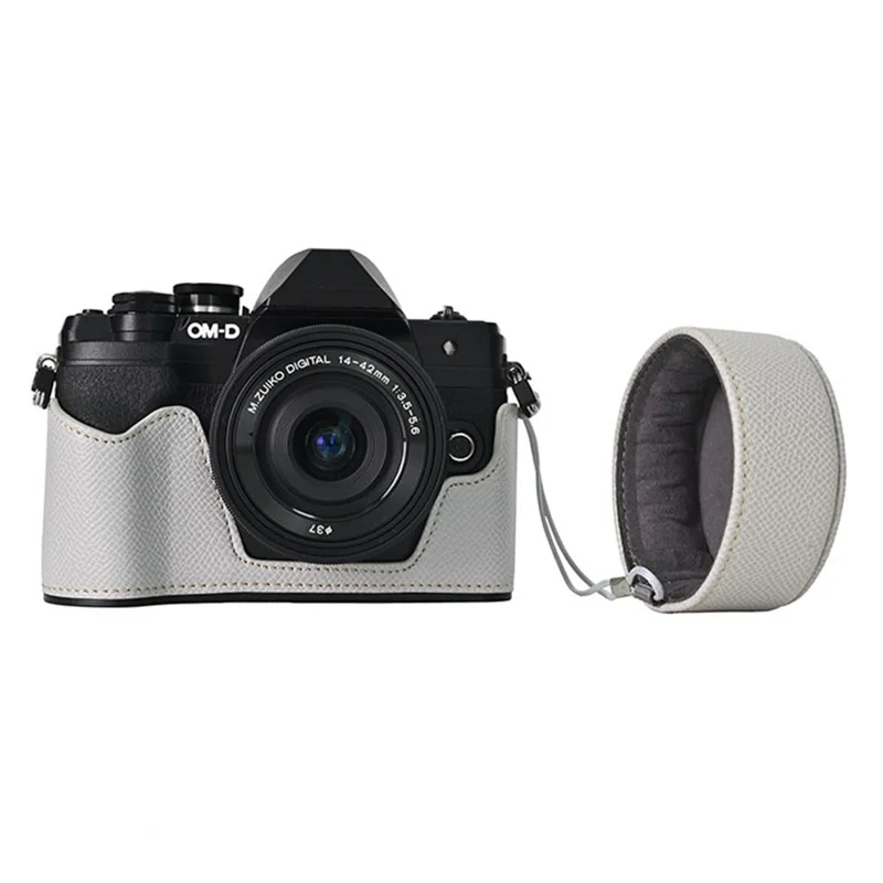 Für die Olympus OM-D E-M10 Mark IV Kamera Tasche mit halbumwickeltem Lederboden und Objektivdeckel - Grau