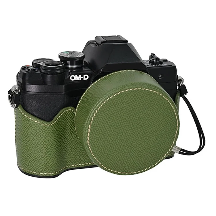 Funda para cámara Olympus OM-D E-M10 Mark IV con parte inferior de cuero envuelta a medias y tapa del objetivo - Verde