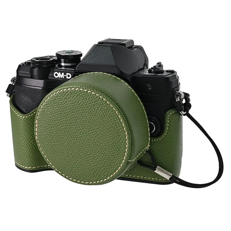Funda para cámara Olympus OM-D E-M10 Mark IV con parte inferior de cuero envuelta a medias y tapa del objetivo - Verde