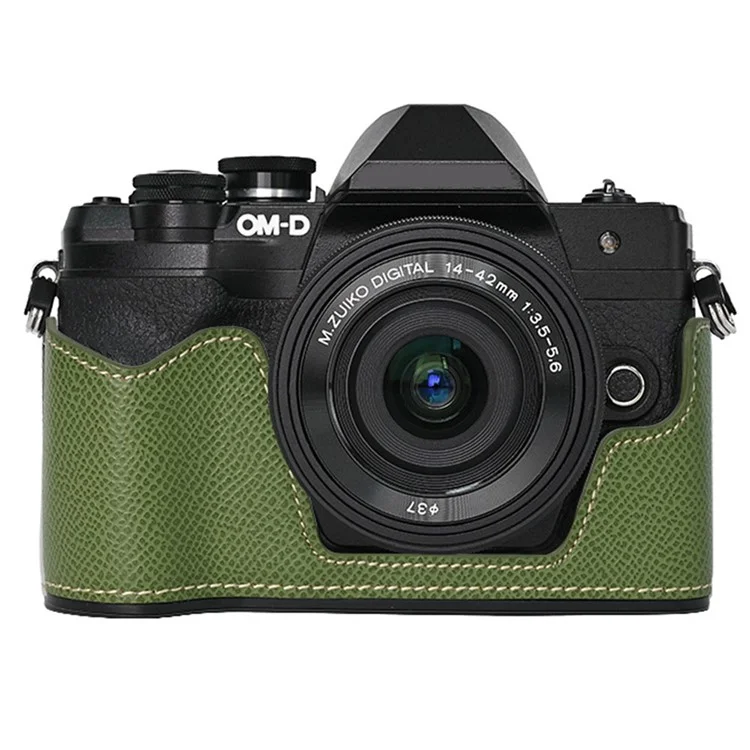 Funda para cámara Olympus OM-D E-M10 Mark IV con parte inferior de cuero envuelta a medias y tapa del objetivo - Verde