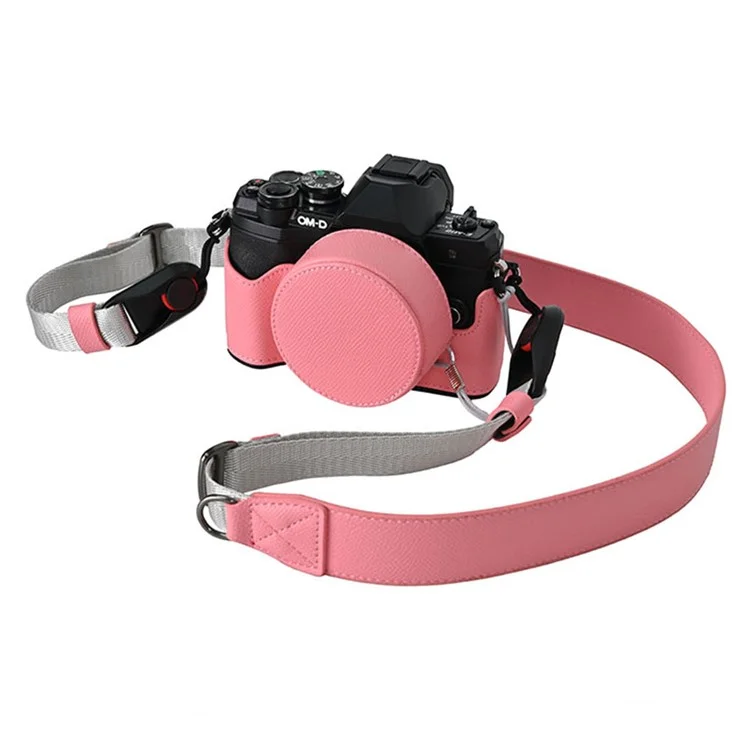 Funda de cámara de piel para Olympus OM-D E-M10 Mark IV, protección media del cuerpo con tapa del objetivo y correa para el hombro - Rosa