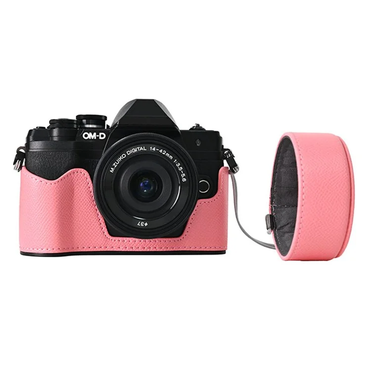 Funda de cámara de piel para Olympus OM-D E-M10 Mark IV, protección media del cuerpo con tapa del objetivo y correa para el hombro - Rosa