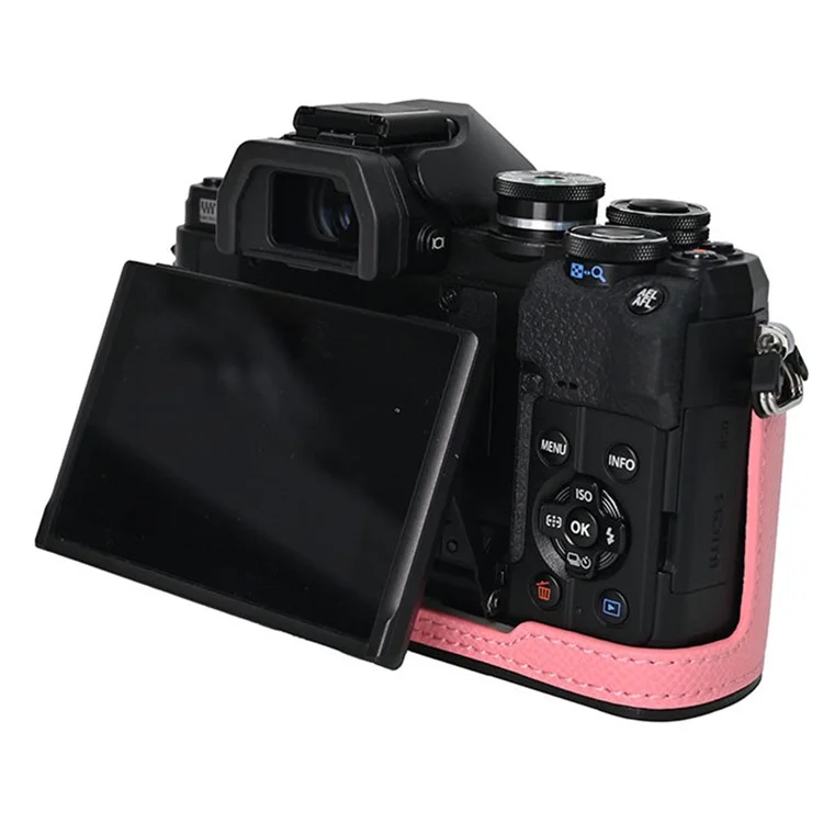 Funda de cámara de piel para Olympus OM-D E-M10 Mark IV, protección media del cuerpo con tapa del objetivo y correa para el hombro - Rosa