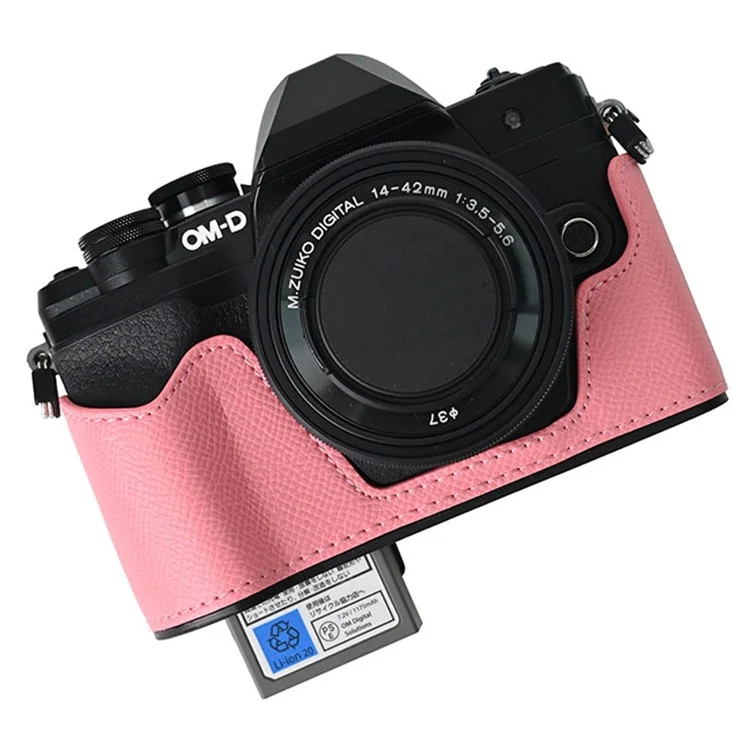 Funda de cámara de piel para Olympus OM-D E-M10 Mark IV, protección media del cuerpo con tapa del objetivo y correa para el hombro - Rosa