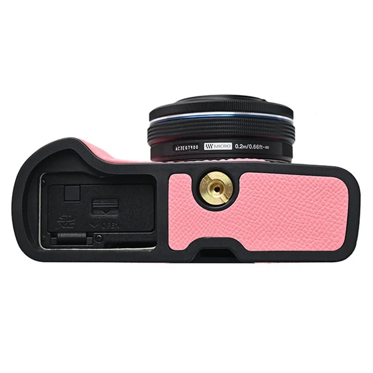 Funda de cámara de piel para Olympus OM-D E-M10 Mark IV, protección media del cuerpo con tapa del objetivo y correa para el hombro - Rosa