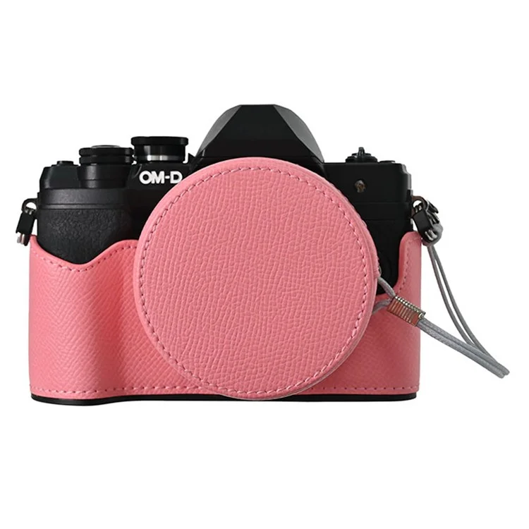Funda de cámara de piel para Olympus OM-D E-M10 Mark IV, protección media del cuerpo con tapa del objetivo y correa para el hombro - Rosa