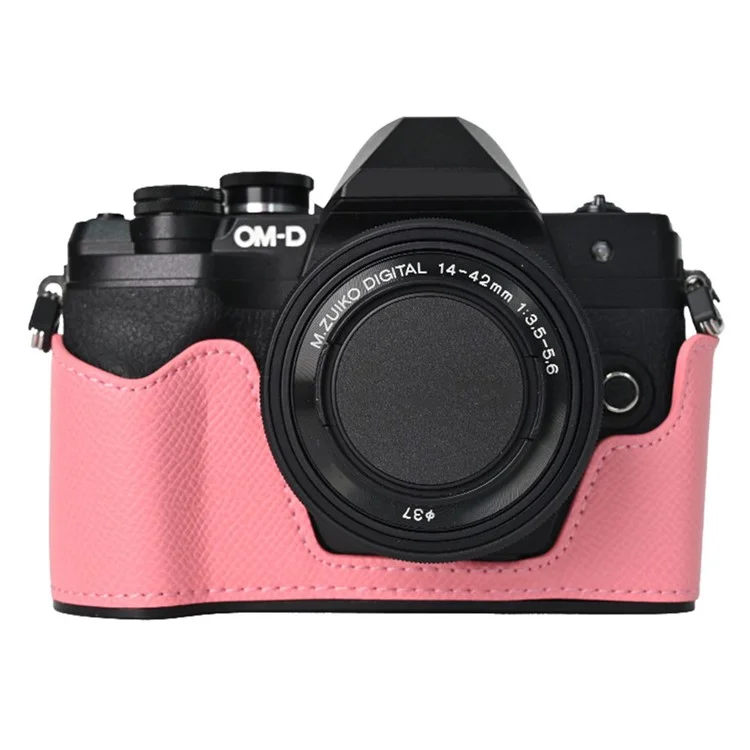 Funda de cámara de piel para Olympus OM-D E-M10 Mark IV, protección media del cuerpo con tapa del objetivo y correa para el hombro - Rosa