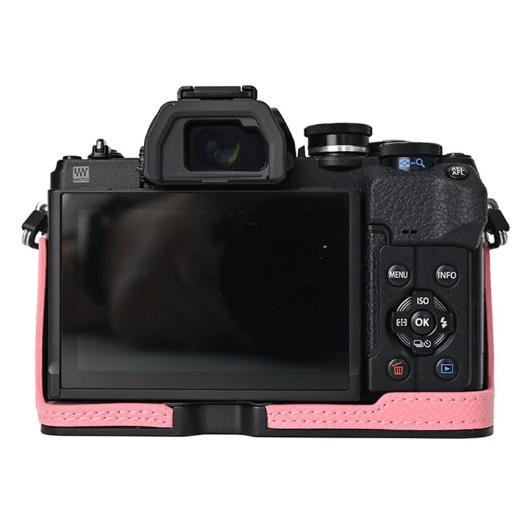 Funda de cámara de piel para Olympus OM-D E-M10 Mark IV, protección media del cuerpo con tapa del objetivo y correa para el hombro - Rosa