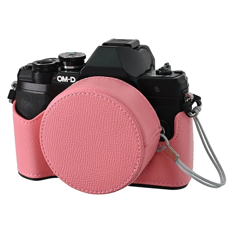 Funda de cámara de piel para Olympus OM-D E-M10 Mark IV, protección media del cuerpo con tapa del objetivo y correa para el hombro - Rosa