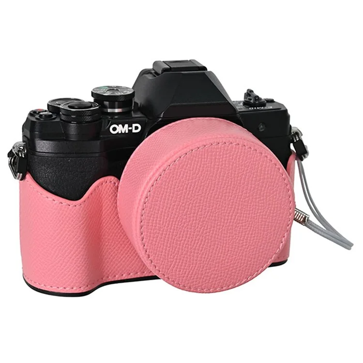Funda de cámara de piel para Olympus OM-D E-M10 Mark IV, protección media del cuerpo con tapa del objetivo y correa para el hombro - Rosa