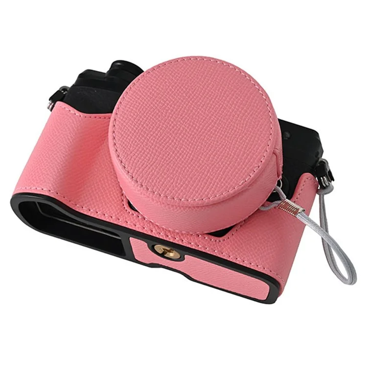 Funda de cámara de piel para Olympus OM-D E-M10 Mark IV, protección media del cuerpo con tapa del objetivo y correa para el hombro - Rosa