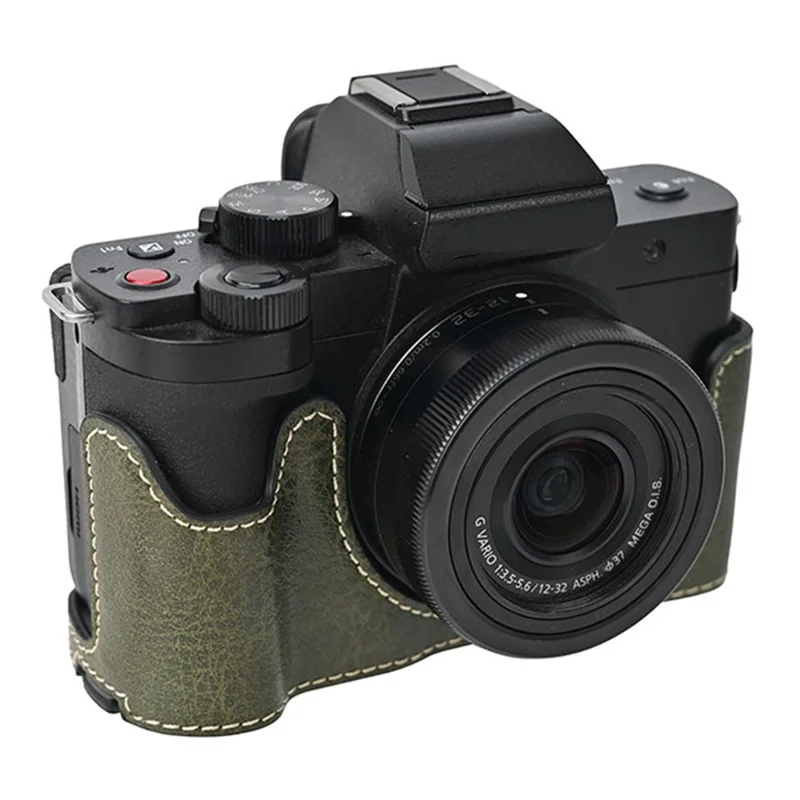 Étui de protection en cuir PU avec texture de litchi et grandes découpes pour l'appareil photo Panasonic Lumix G100K - Vert