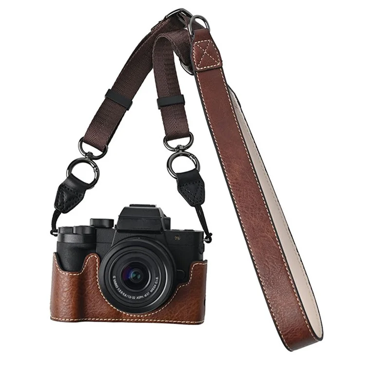 Funda para cámara Panasonic Lumix G100K con correa de hombro, gran recorte, textura de piel de litchi, cubierta protectora de PU - Café