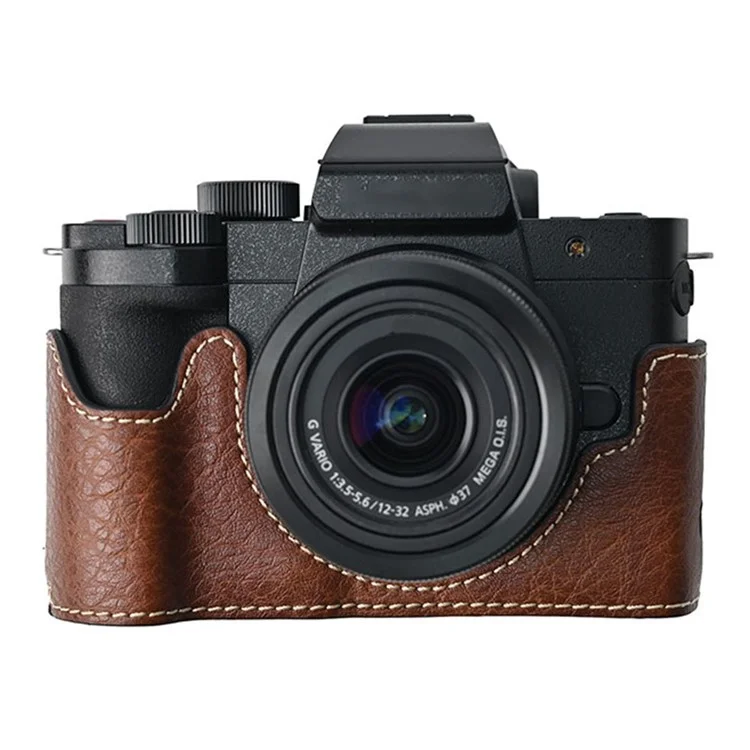 Funda para cámara Panasonic Lumix G100K con correa de hombro, gran recorte, textura de piel de litchi, cubierta protectora de PU - Café