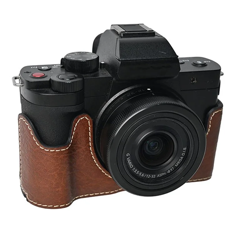 Funda para cámara Panasonic Lumix G100K con correa de hombro, gran recorte, textura de piel de litchi, cubierta protectora de PU - Café