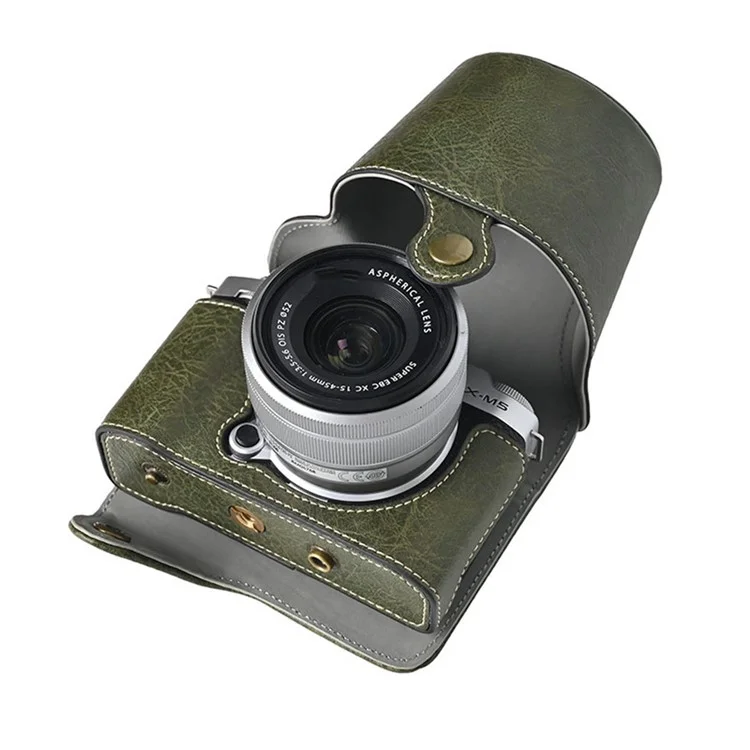 Custodia protettiva in pelle PU con texture a litchi per Fujifilm X-M5, con cinghia per la spalla - Verde