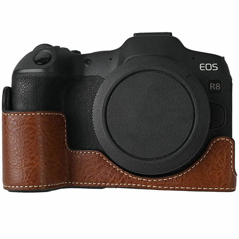 For Canon EOS R8 Camera Half Case Litchi Texture PU Leather Protective Cover with Battery Opening - Coffee