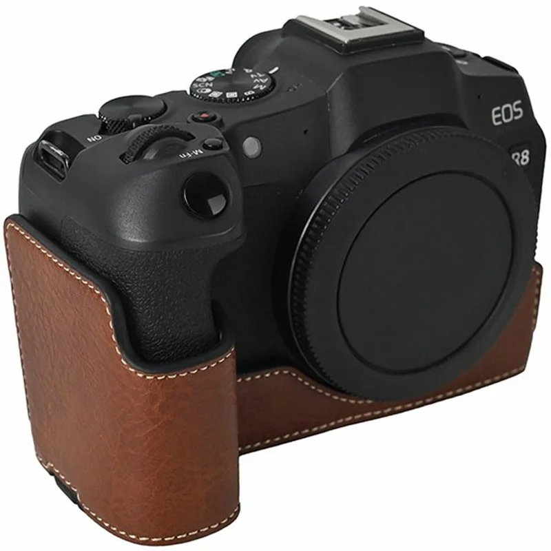 For Canon EOS R8 Camera Half Case Litchi Texture PU Leather Protective Cover with Battery Opening - Coffee