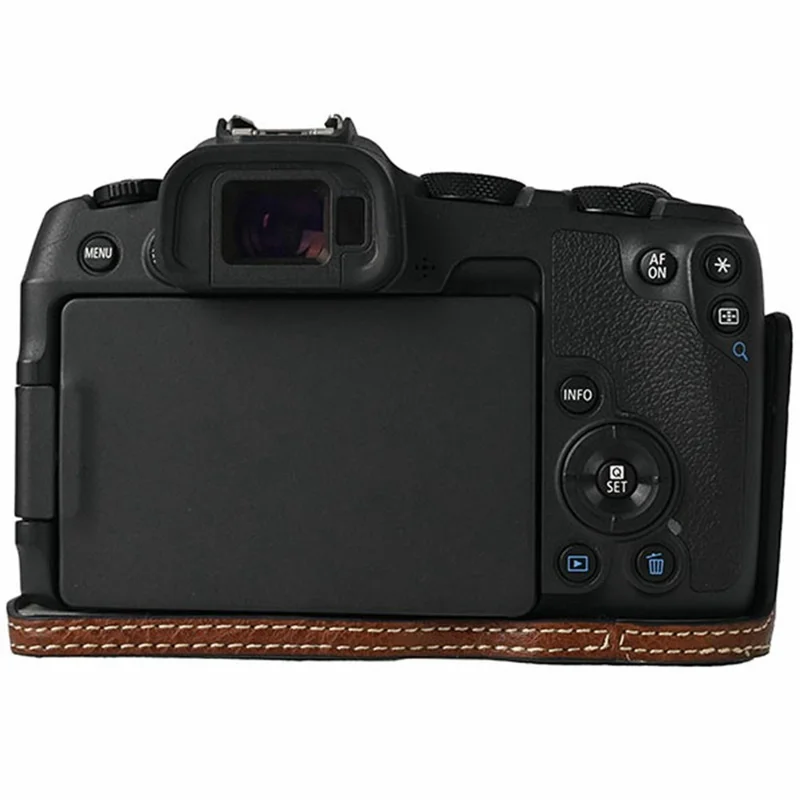 For Canon EOS R8 Camera Half Case Litchi Texture PU Leather Protective Cover with Battery Opening - Coffee