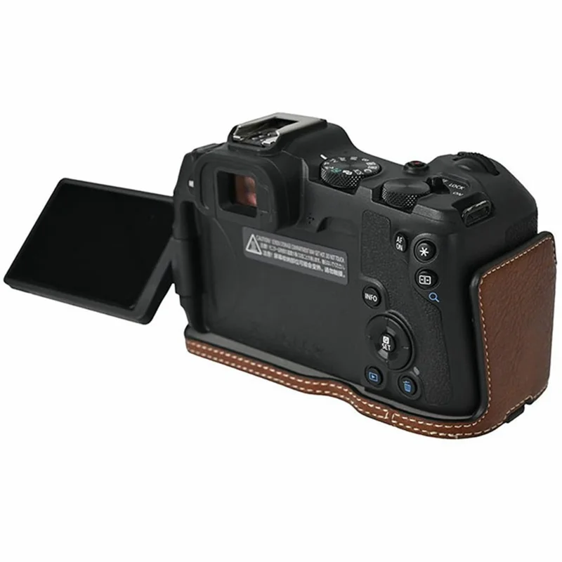For Canon EOS R8 Camera Half Case Litchi Texture PU Leather Protective Cover with Battery Opening - Coffee