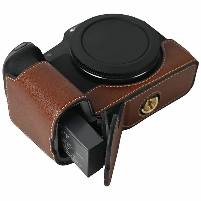 For Canon EOS R8 Camera Half Case Litchi Texture PU Leather Protective Cover with Battery Opening - Coffee
