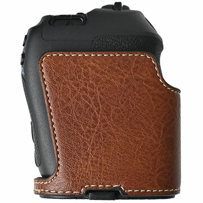 For Canon EOS R8 Camera Half Case Litchi Texture PU Leather Protective Cover with Battery Opening - Coffee