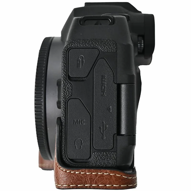 For Canon EOS R8 Camera Half Case Litchi Texture PU Leather Protective Cover with Battery Opening - Coffee