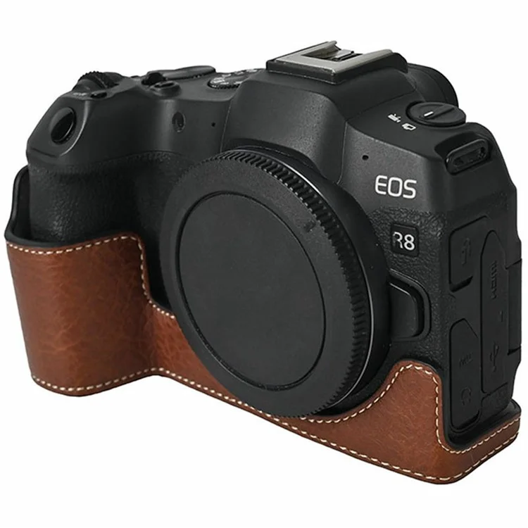 Для камеры Canon EOS R8 полуматовый чехол с текстурой личи, с доступом к батарее, из искусственной кожи, с плечевым ремнем - Коричневый