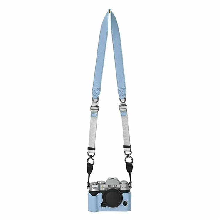 Custodia in pelle PU per Fujifilm X-T50 con base e copertura a metà, con accesso alla batteria e cinghia per la spalla - Blu pastello