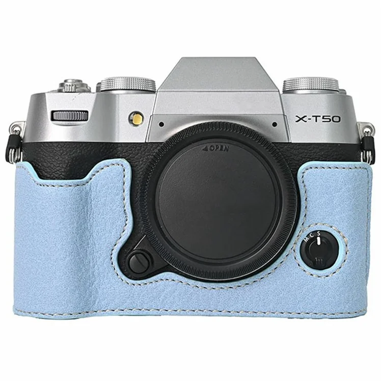 Custodia in pelle PU per Fujifilm X-T50 con base e copertura a metà, con accesso alla batteria e cinghia per la spalla - Blu pastello