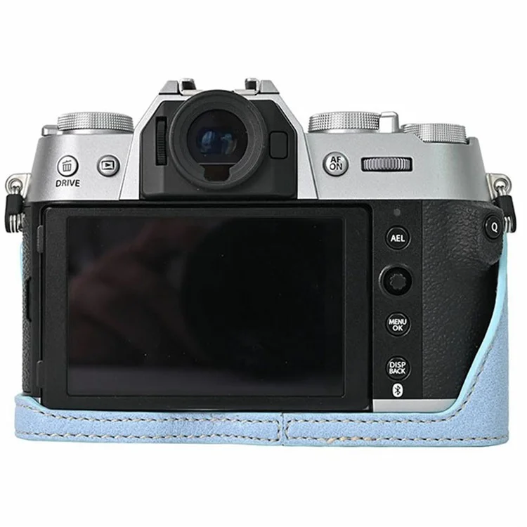 Custodia in pelle PU per Fujifilm X-T50 con base e copertura a metà, con accesso alla batteria e cinghia per la spalla - Blu pastello