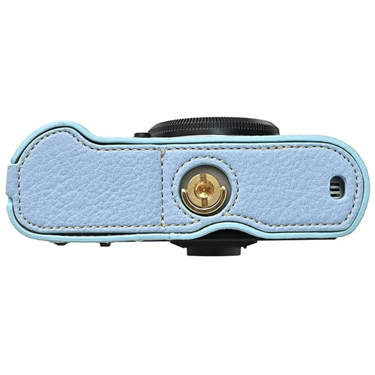 Custodia in pelle PU per Fujifilm X-T50 con base e copertura a metà, con accesso alla batteria e cinghia per la spalla - Blu pastello