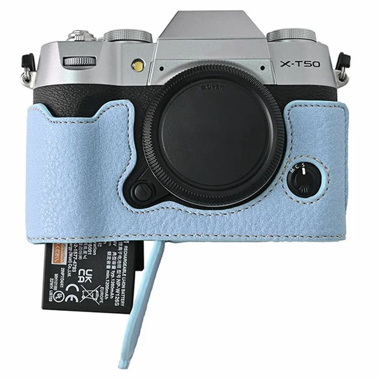 Custodia in pelle PU per Fujifilm X-T50 con base e copertura a metà, con accesso alla batteria e cinghia per la spalla - Blu pastello