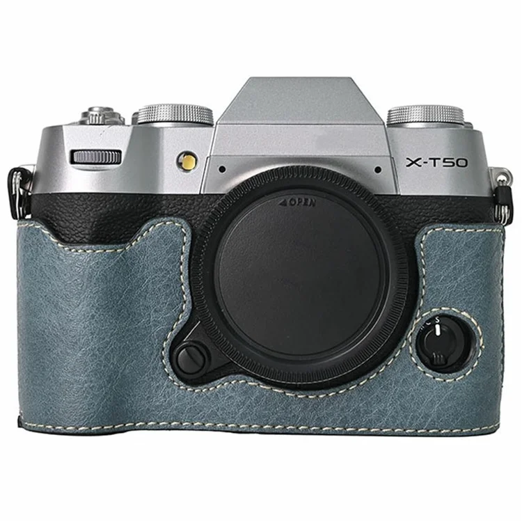 Für Fujifilm X-T50 PU-Leder-Kamera-Halbetui-Basis-Abdeckung mit Batterie-Zugriff und Schultergurt - Blau