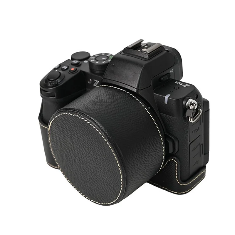 Funda para cámara Nikon Z 50 II de piel sintética con tapa para el objetivo - Negro