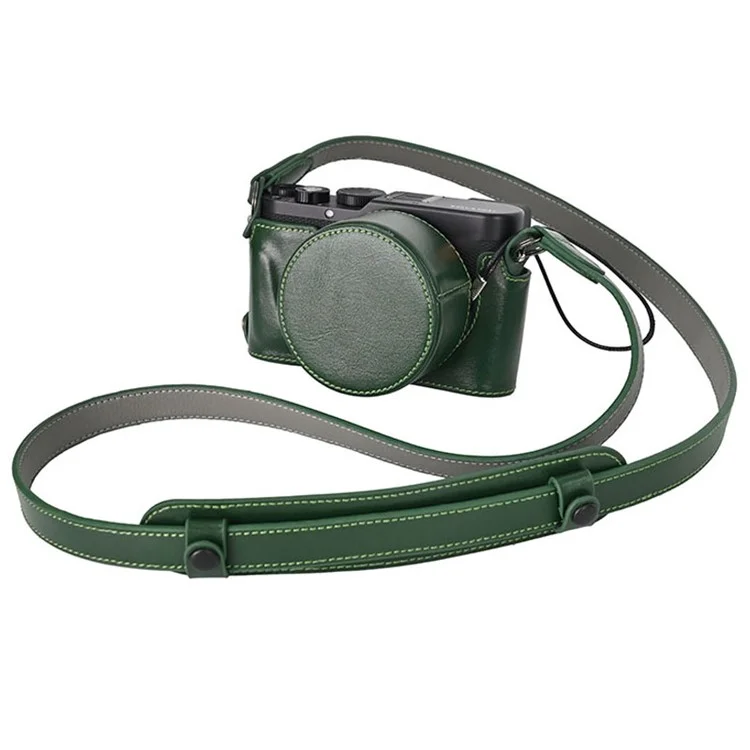 Funda de cuero auténtico para Leica D-Lux 8 con correa para el hombro y tapa de objetivo - Verde