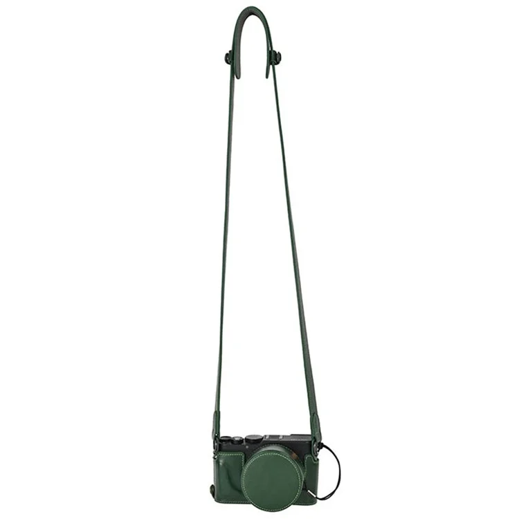 Funda de cuero auténtico para Leica D-Lux 8 con correa para el hombro y tapa de objetivo - Verde