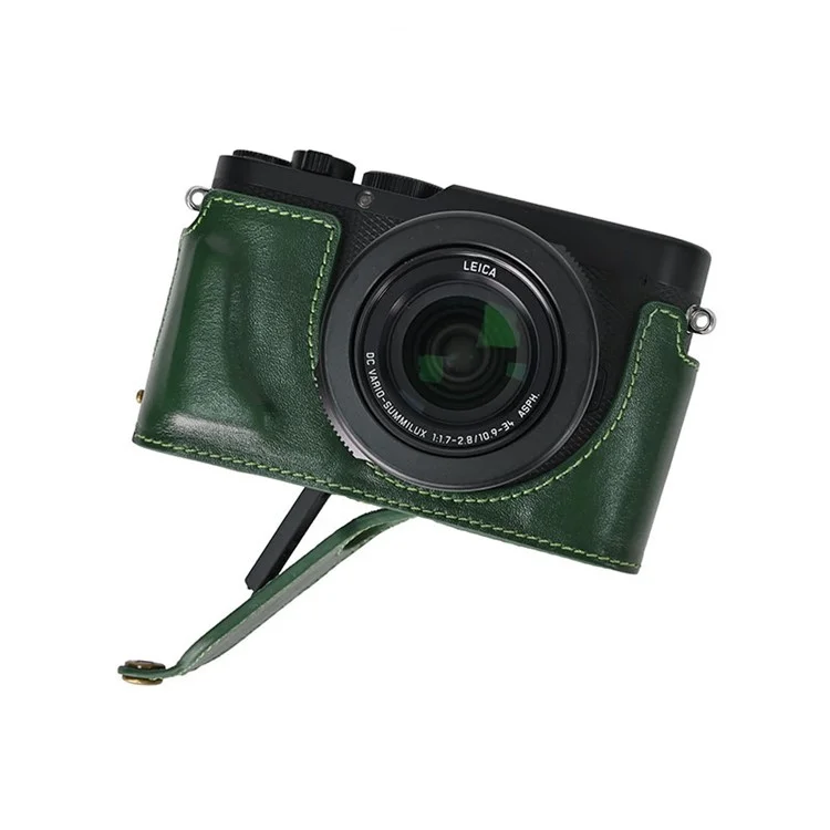 Funda de cuero auténtico para Leica D-Lux 8 con correa para el hombro y tapa de objetivo - Verde