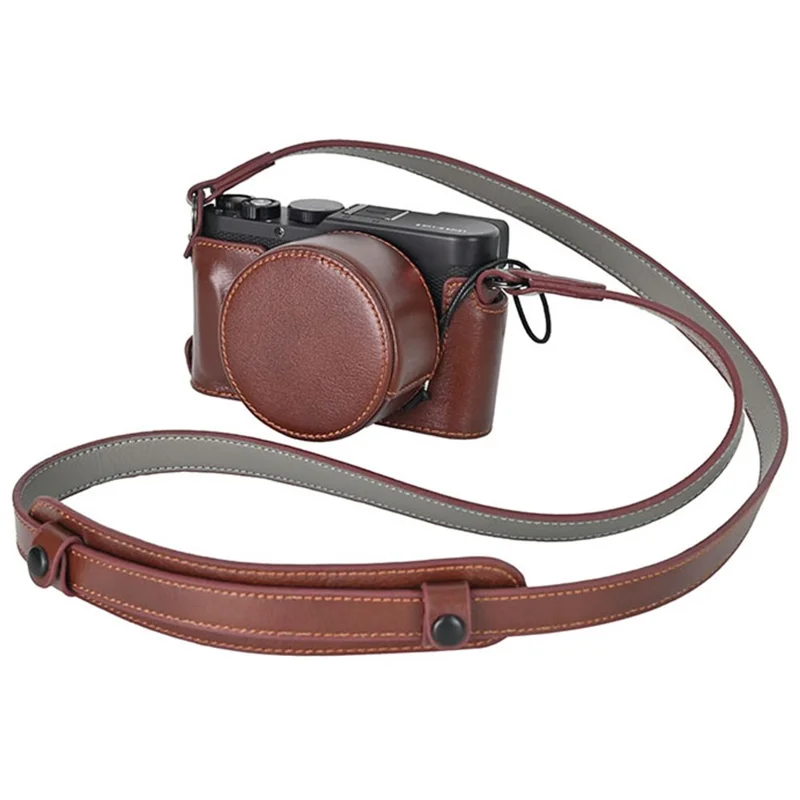 Für Leica D-Lux 8 Tasche mit Schultergurt, Objektivdeckel Echtes Leder Kamera Schutzhülle - Kaffeebraun