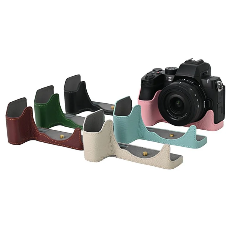 For Nikon Z 50 II Camera Half Protection Case Genuine Cow Leather with Shoulder Strap Lens Cover - Pink