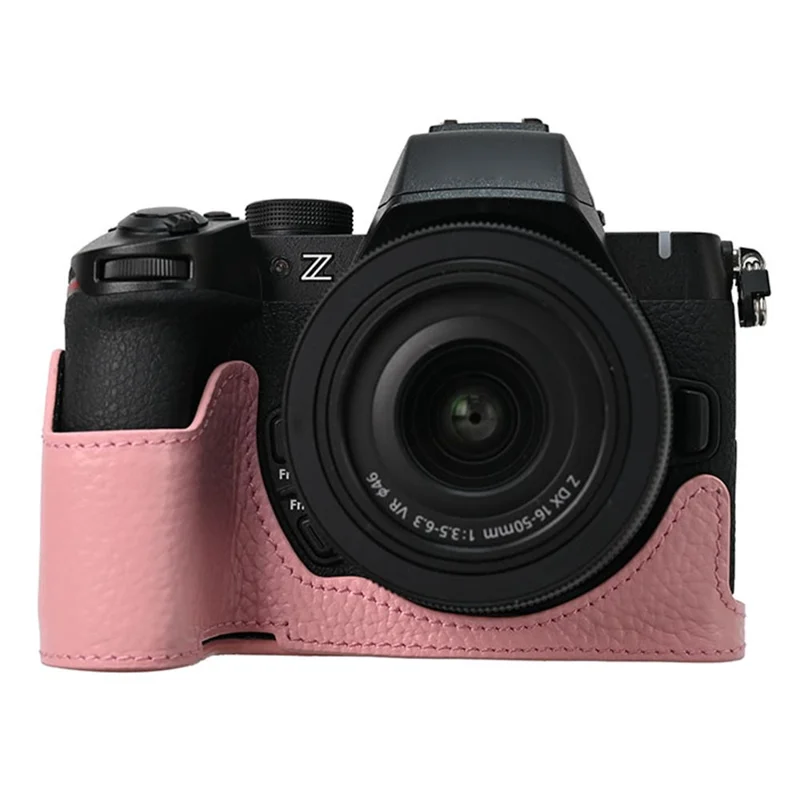 For Nikon Z 50 II Camera Half Protection Case Genuine Cow Leather with Shoulder Strap Lens Cover - Pink