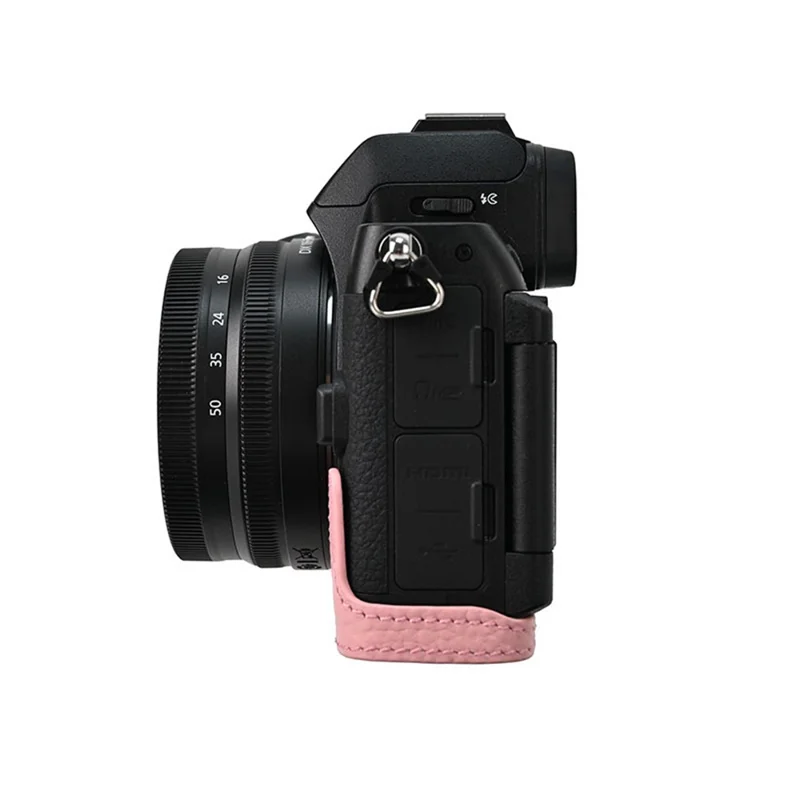 For Nikon Z 50 II Camera Half Protection Case Genuine Cow Leather with Shoulder Strap Lens Cover - Pink