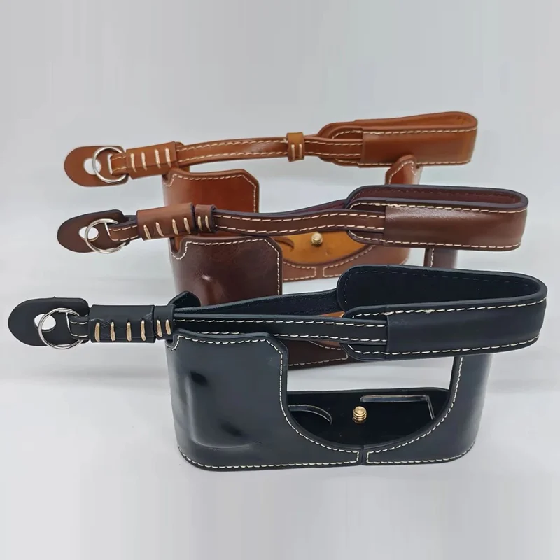 For Leica Q3 Camera Case with Strap Leather Bottom Case Easy to Replace Battery - Black