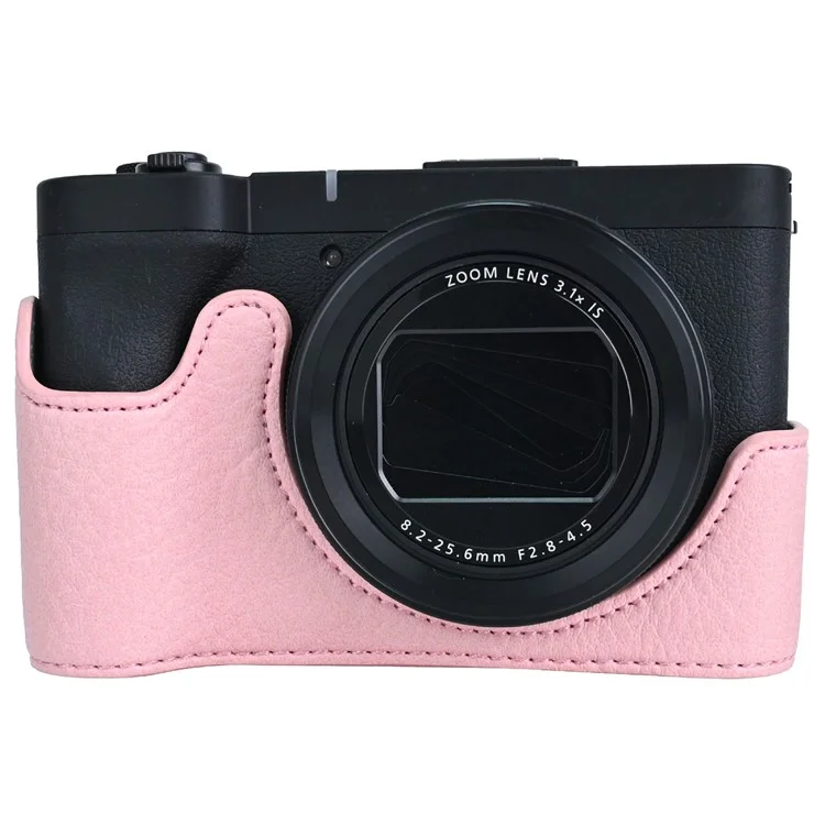 Étui en cuir PU texturé façon cuir de litchi pour appareil photo Canon PowerShot V1 avec ouverture pour batterie - Rose