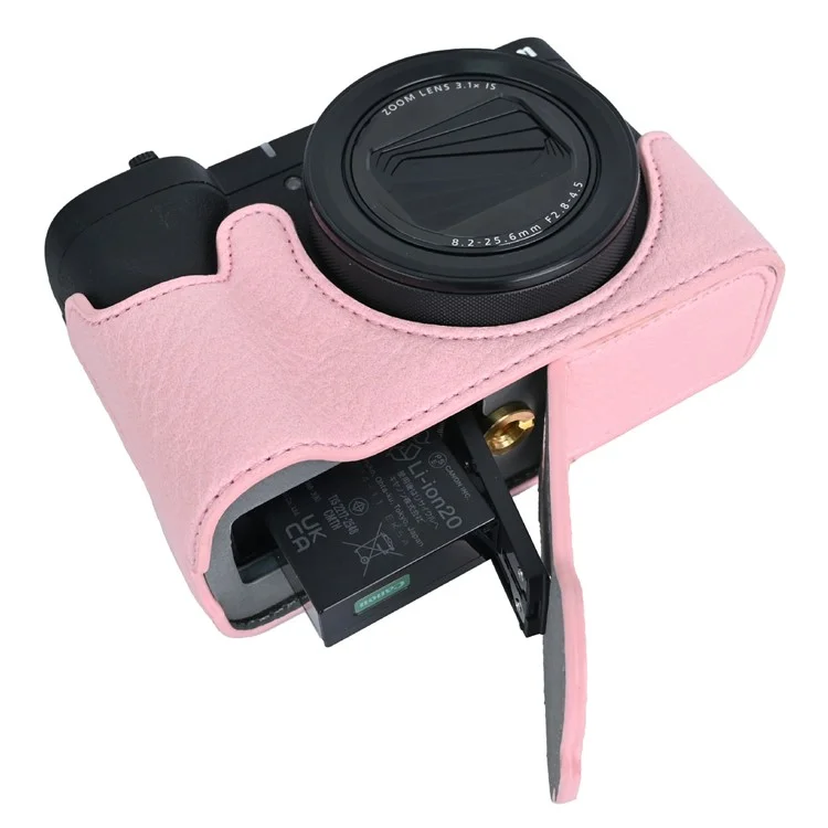 Étui en cuir PU texturé façon cuir de litchi pour appareil photo Canon PowerShot V1 avec ouverture pour batterie - Rose