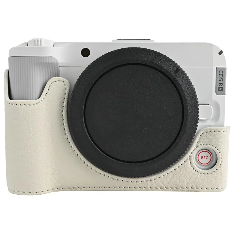 Custodia mezza in pelle PU per fotocamera Canon EOS R50 V con texture a buccia di limone, apertura batteria, cinghia a tracolla e coperchio obiettivo - Bianco